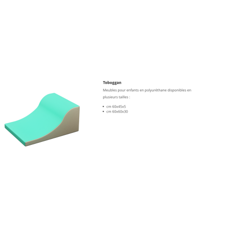 Toboggan de motricité pour enfants en polyuréthane turquoise avecbase beige; structure modulable et sécurisée.