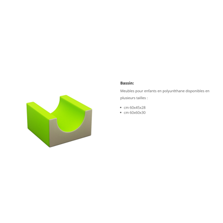 Bassin de motricité pour enfants: support en mousse vert fluo avec cavité semi-circulaire beige pour jeux et balles.