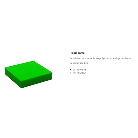 Bloc-moquette vert fluo épais pour tapis de motricité, côté droit texte descriptif sur le produit.