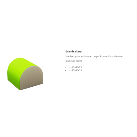 Module de motricité en mousse « Grande dune Terre » pour crèche, forme demi-arc vert et beige.