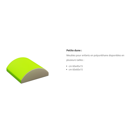 Petite dune de motricité en mousse vert lime avec face beige, pour parcours enfant, dimensions 60x45x15 cm ou 60x60x15 cm.