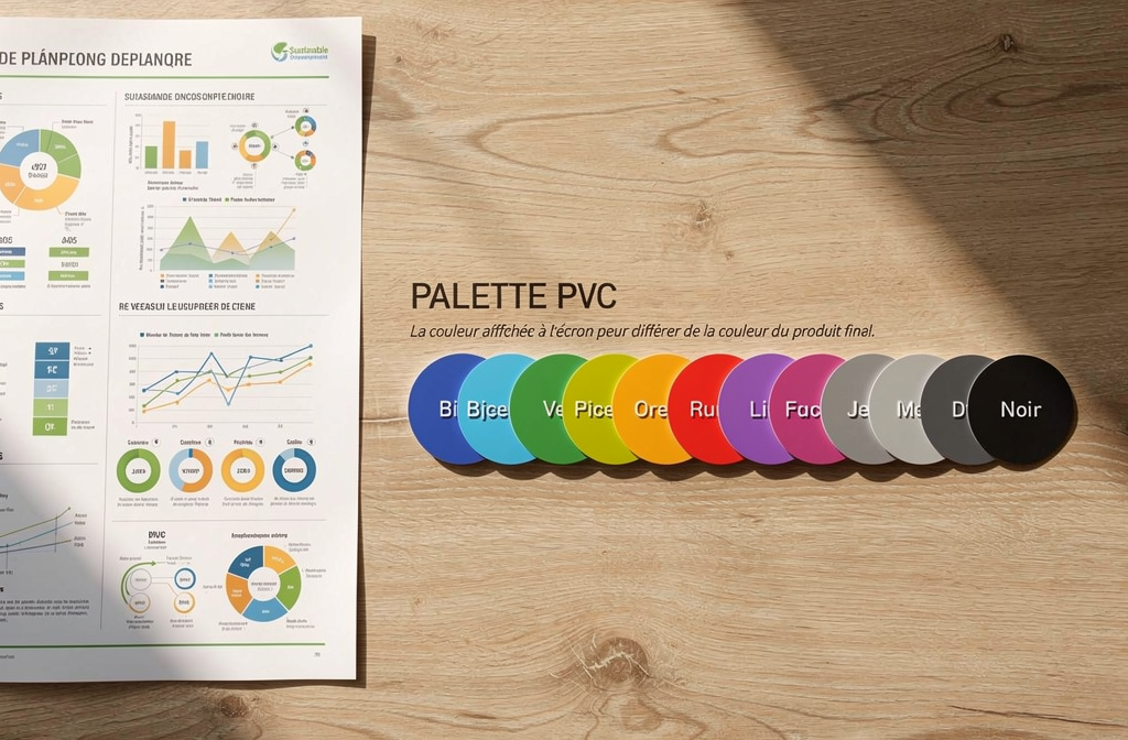 Palette de couleurs PVC posée sur un bureau avec des documents de planification durable.