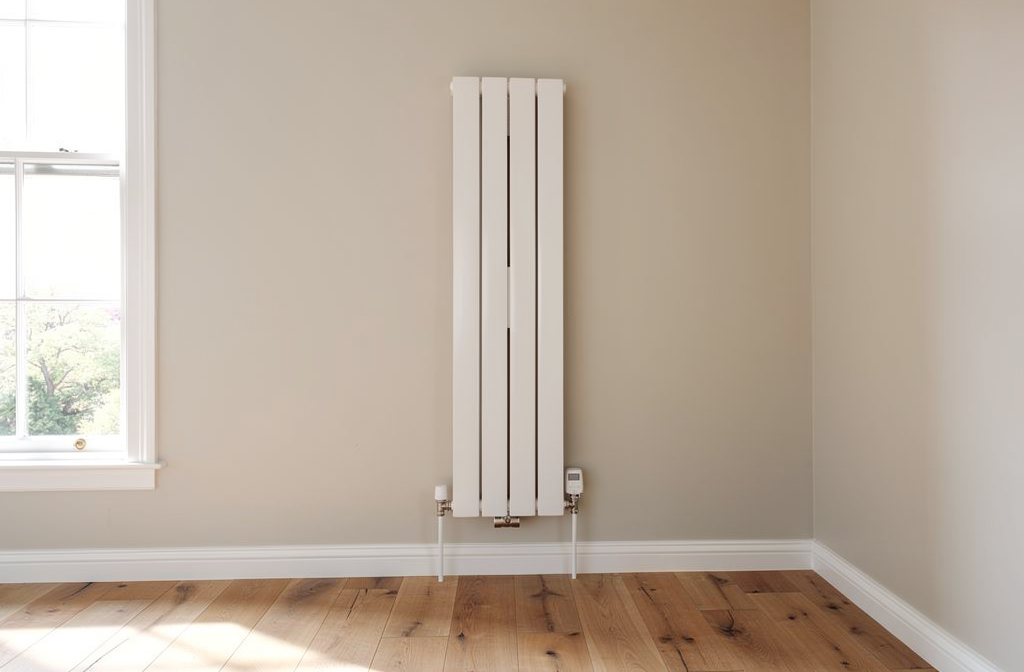 Radiateur à inertie blanc fixé au mur d'un salon lumineux
