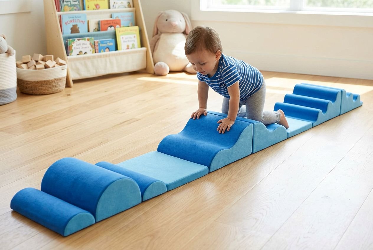 Tapis de motricité épais déployé dans une salle de jeux avec un enfant en bas âge qui rampe et grimpe dessus.