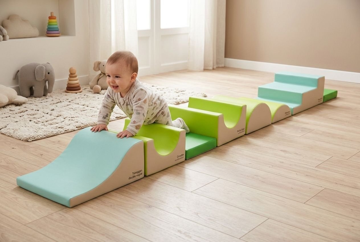 Bébé explorant un parcours de motricité en mousse épaisse colorée sur un sol en bois clair dans une chambre lumineuse.