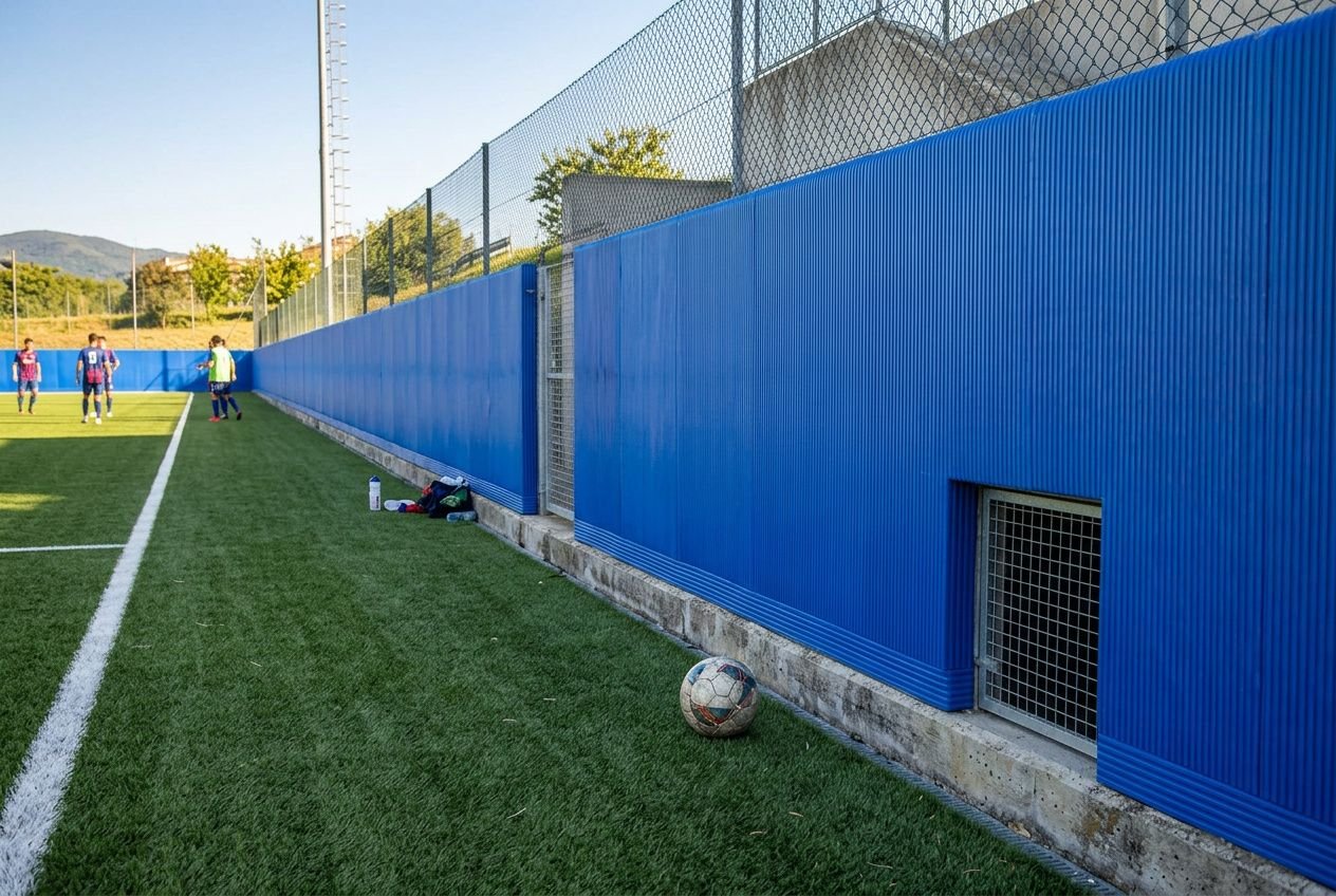 Protection murale anti-choc PVC bleue installée le long d'un terrain de football extérieur.