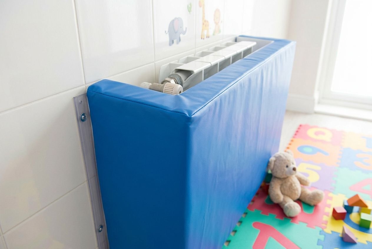 Cache radiateur rembourré bleu fixé sur un radiateur blanc dans une pièce carrelée claire.