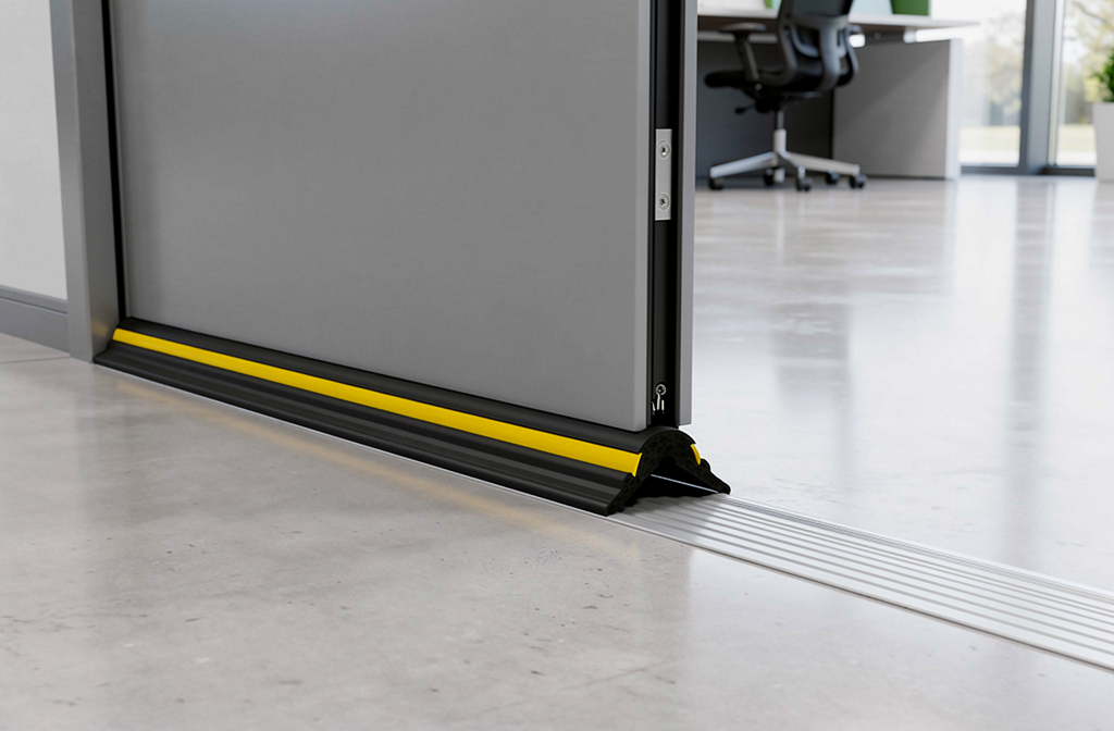 Joint d'étanchéité en mousse noir et jaune installé sur le bas d'une porte de bâtiment.