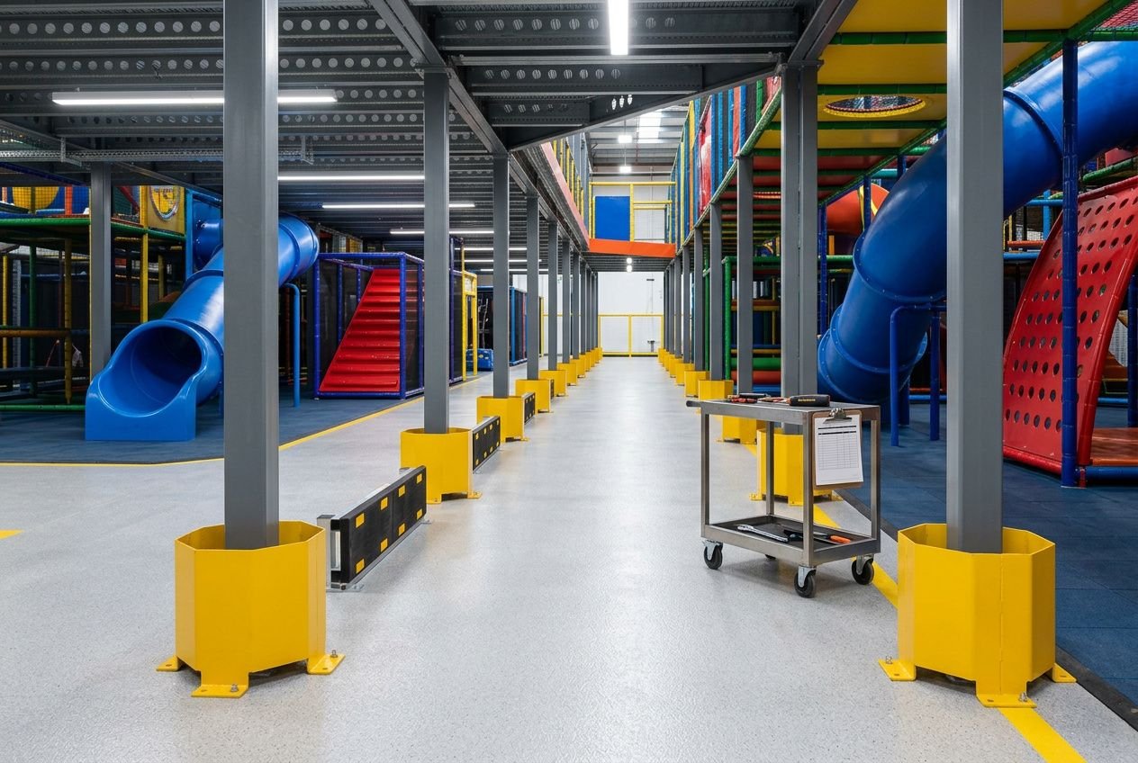 Protecteurs de colonnes jaunes et barrières de sécurité installés au sol pour protéger les équipements de l'aire de jeux.