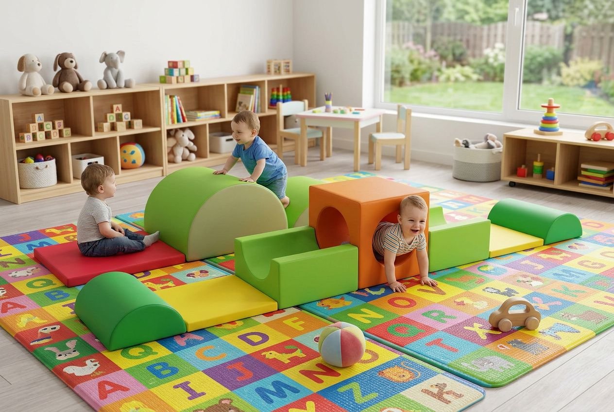 Kit de motricité en mousse coloré avec tunnel, dunes et tapis carré disposé sur un tapis épais dans une salle de jeux pour enfants.