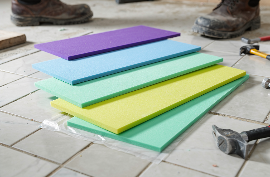 Plaques de protection de sol colorées disposées sur un chantier pour protéger le revêtement.