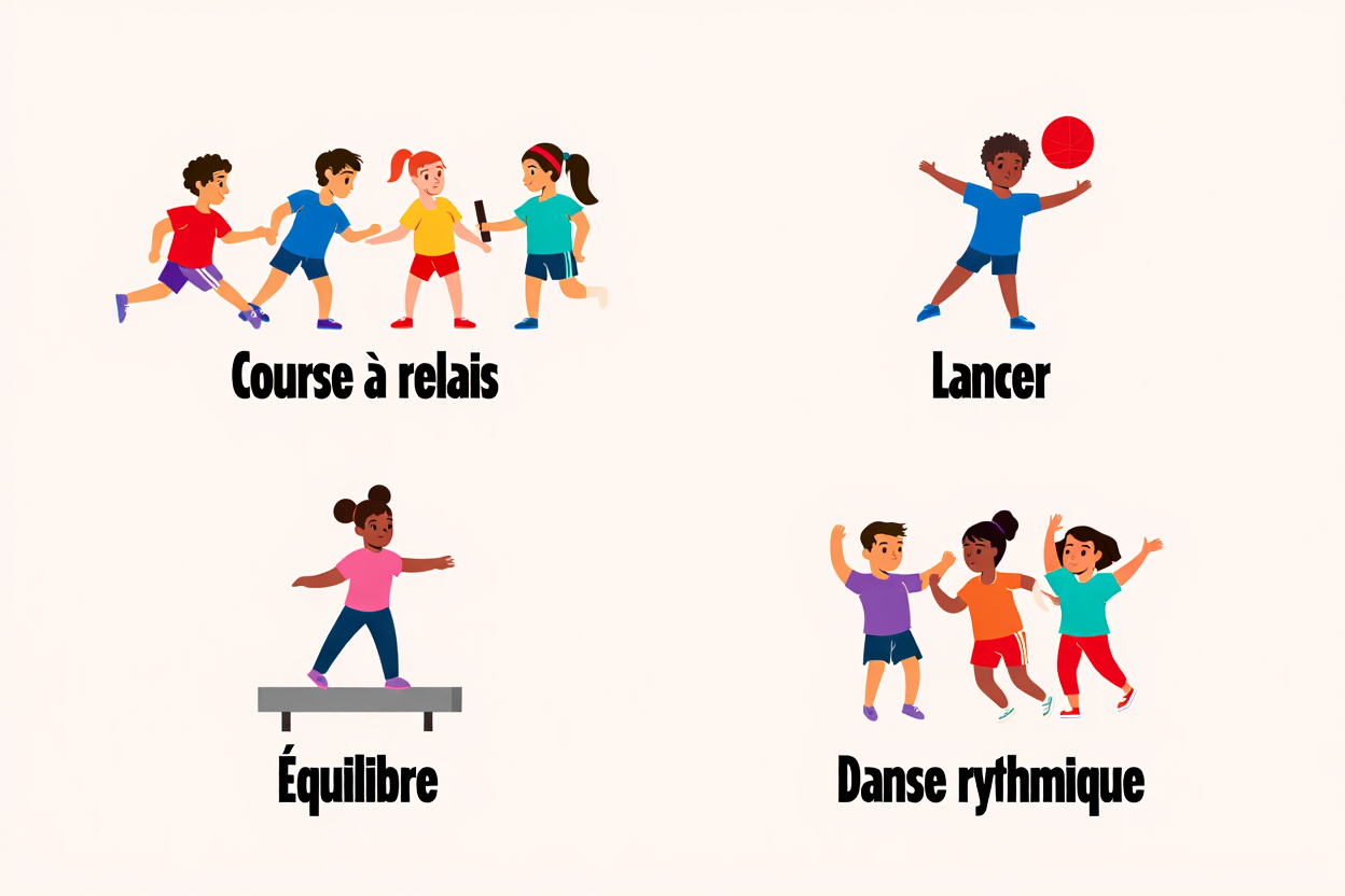 Activités motricité globale 6 12 a : enfants en course à relais, lancer un ballon, équilibre sur planche et danse rythmée.