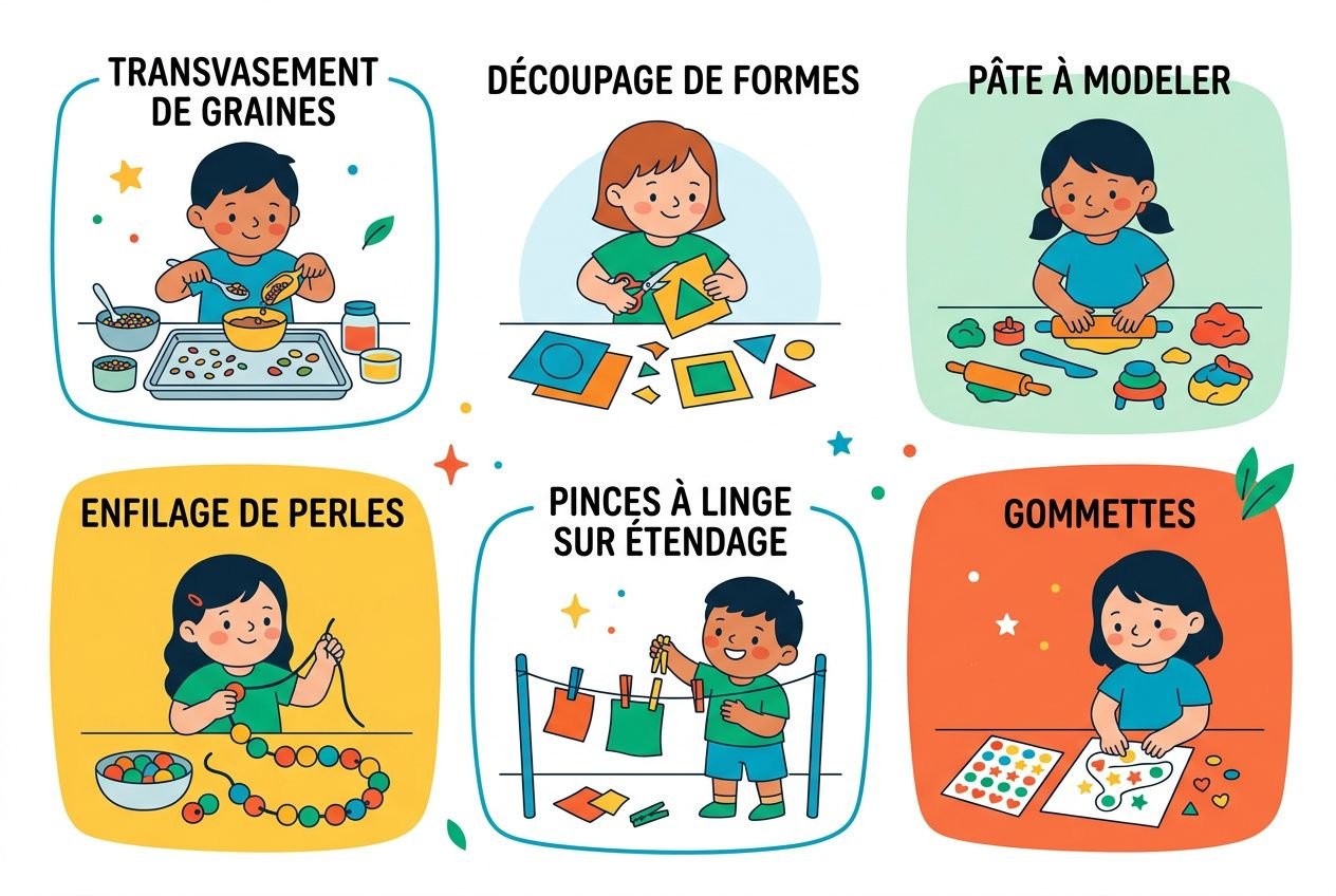Activités psychomotricité fine maternelle : enfants coloriant, découpant, enfilant perles, gommettes et pinces à linge sur étendage.