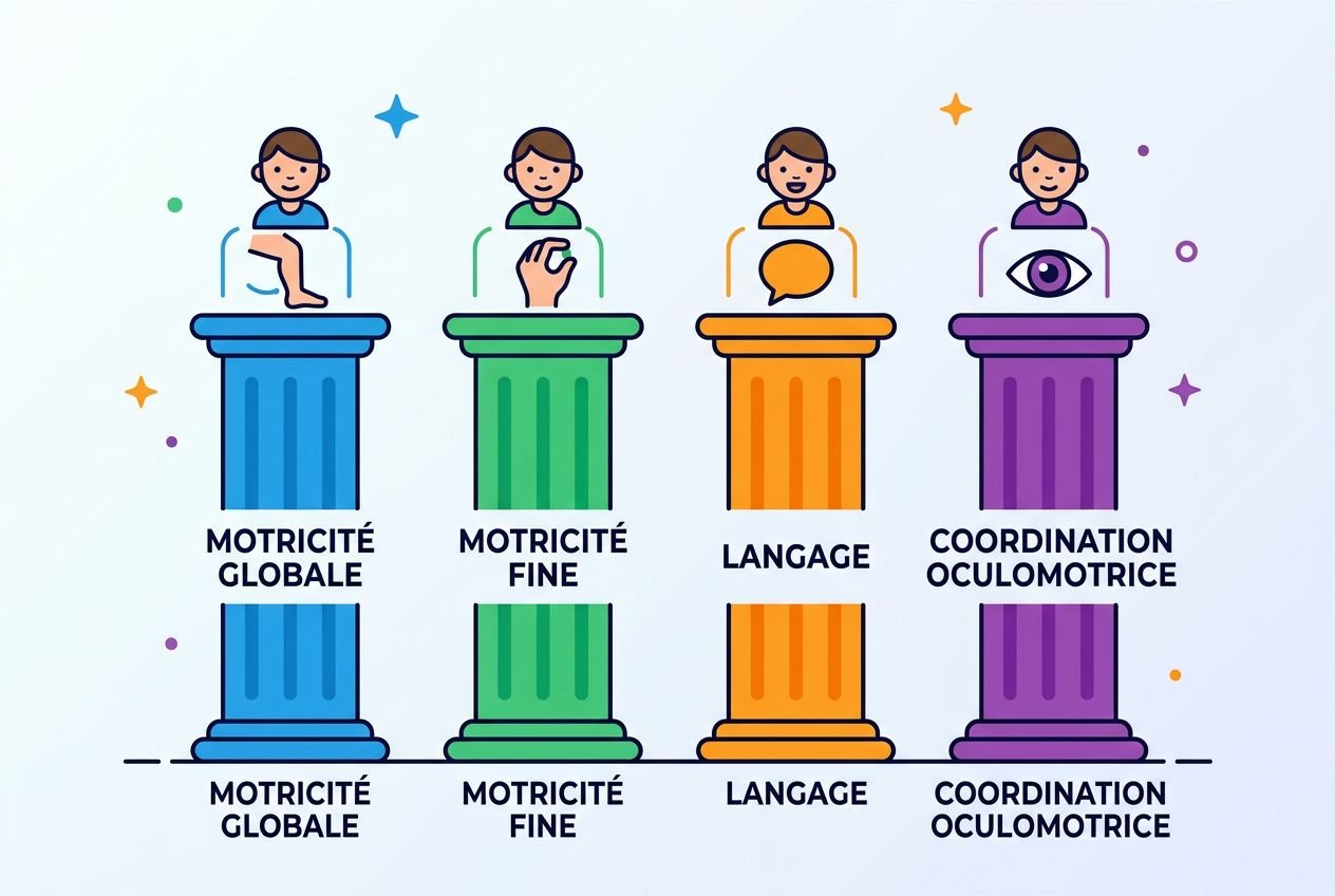 Ads: Illustration de quatre colonnes avec enfants et éléments, symbolisant le développement psychomoteur: motricité globale et fine, langage, coordination oculo-motrice. Inclut labels et figures colorées. Développement psychomoteur enfant étapes.