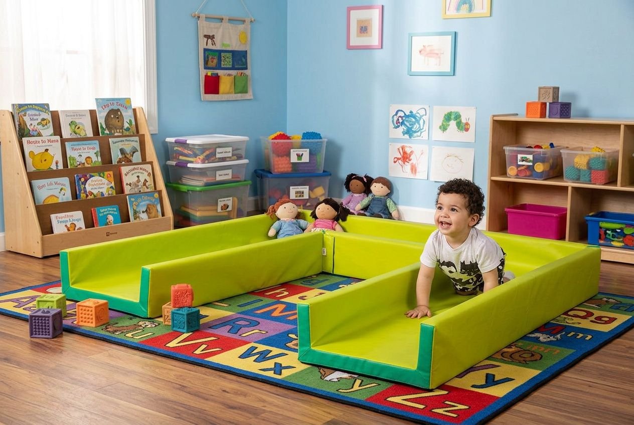 Aire de jeux d’intérieur pour école: petit garçon souriant joue dans un parcours de blocs et toboggan en mousse vert néon, tapis coloré et murs bleus.