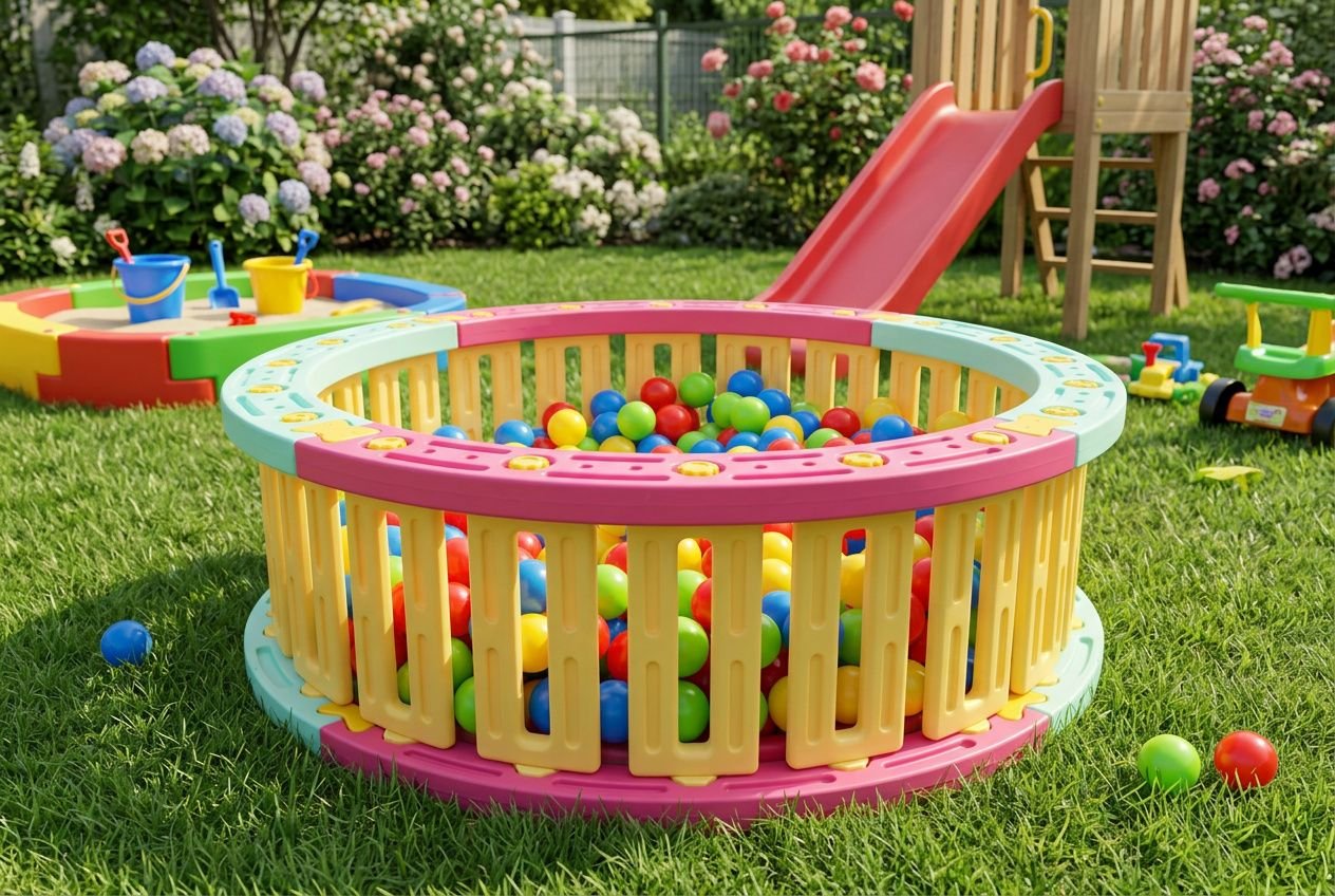Aire de jeux pour enfants en plein air: aire circulaire colorée remplie de balles, toboggan et matériel de plage en arrière-plan sur pelouse, prêt à aménager une aire de jeux dans son jardin.