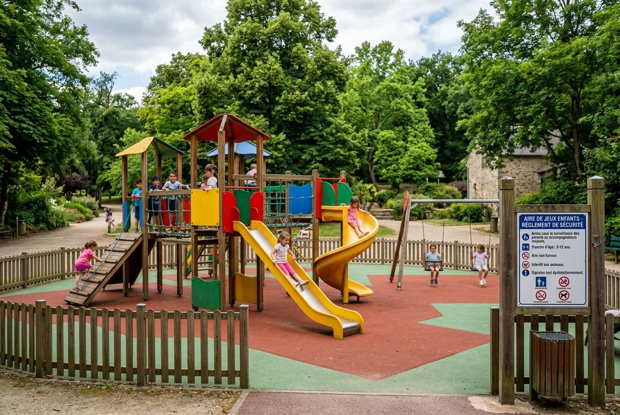 Aire de jeux pour enfants sécurisée en plein air avec structures colorées, toboggans et passerelles, entourée d’arbres. panneaux de sécurité et clôture. normes aire de jeux enfants.
