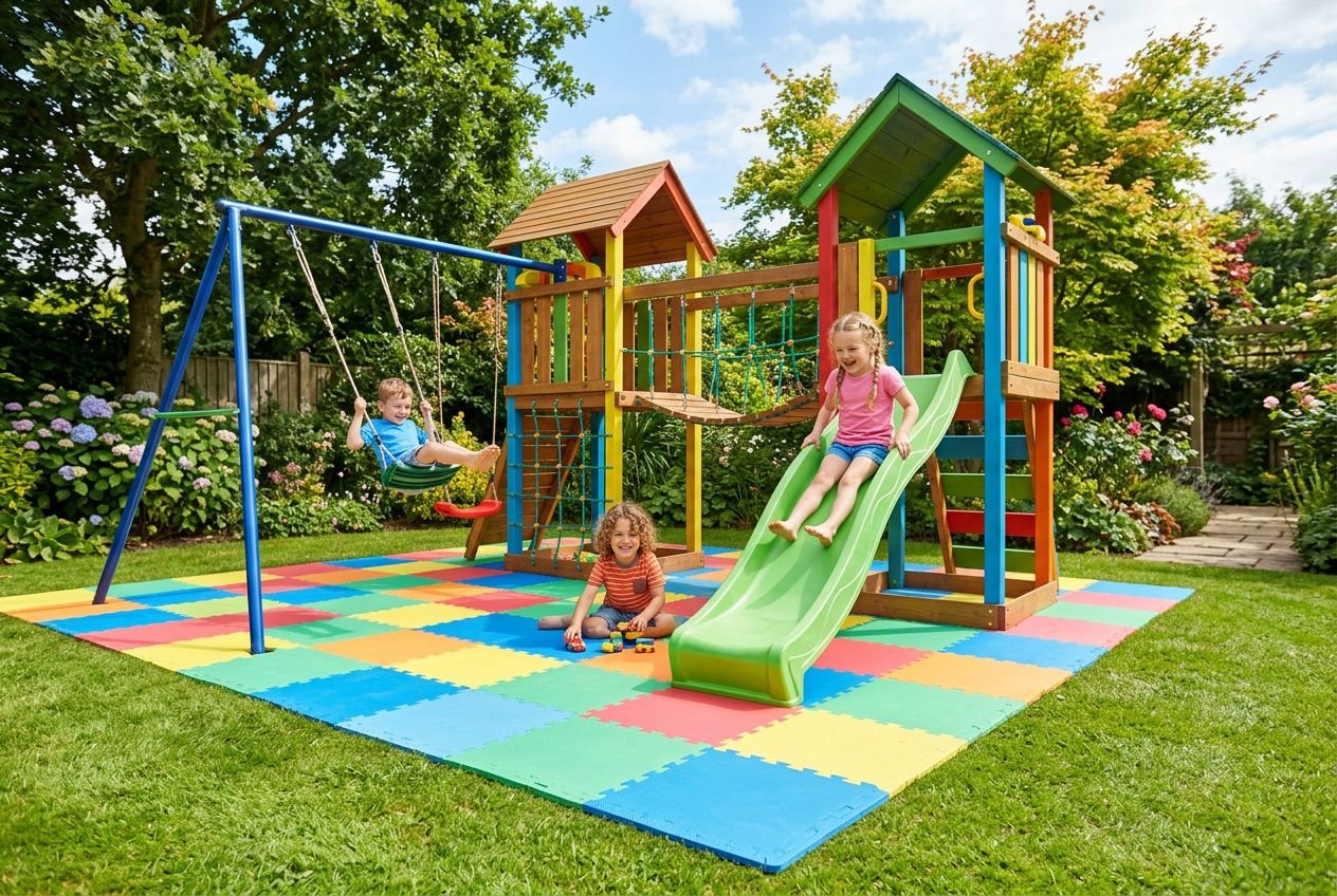 Aire de jeux extérieure pour enfants avec toboggan vert et balançoires, posée sur un tapis aire de jeux exterieur coloré en subdivisions multicolores dans le jardin.