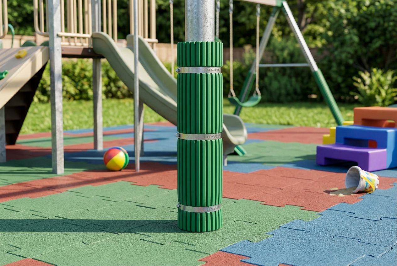 Aire de jeux extérieure avec sols colorés; colonne centrale verte entourée de sangles, structure de jeux au fond et ballon sur le sol. Idéal pour aménager une aire de jeux dans son jardin.