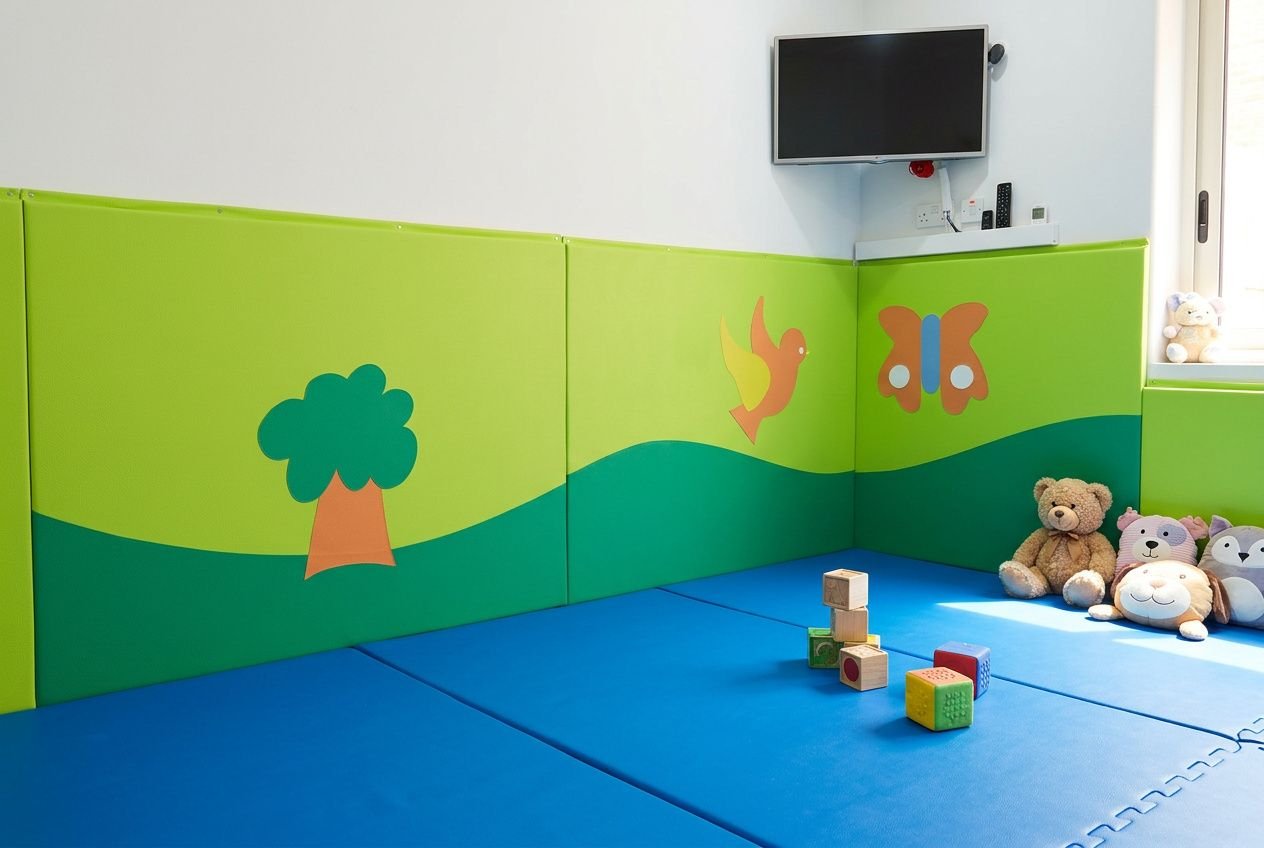 Aire de jeux intérieur avec mur vert décoré d’arbres et animaux, sol bleu épais, et jouets en peluche près des blocs en bois.