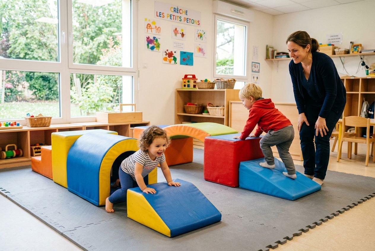 Aire de jeux mousse enfant : enfants et adulte jouant sur des modules en mousse colorés dans une salle, stimulation motrice et sécurité.