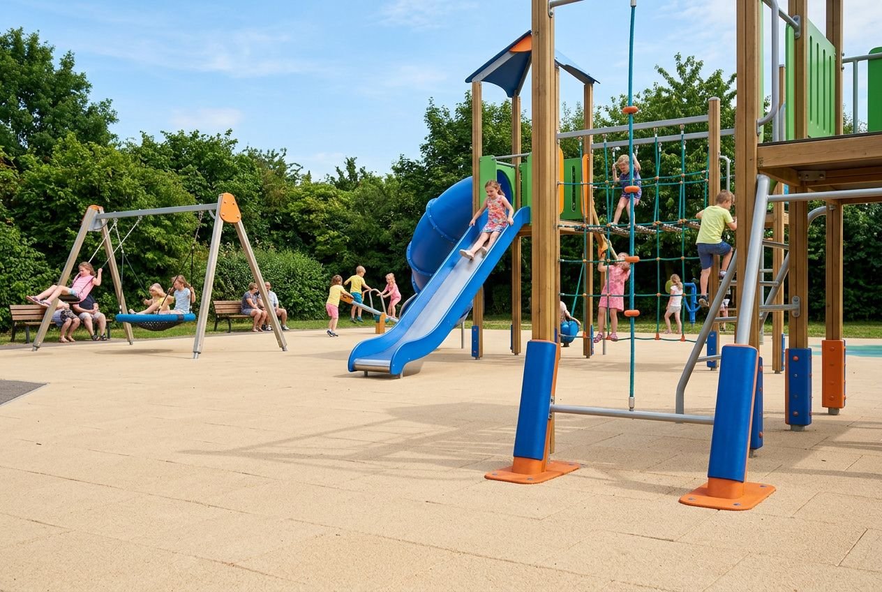 Aire de jeux pour petite enfance avec tobogan bleu, structures en bois et sol amortissant; enfants et parents jouent. normes sécurité aire de jeux petite enfance et équipements visibles.
