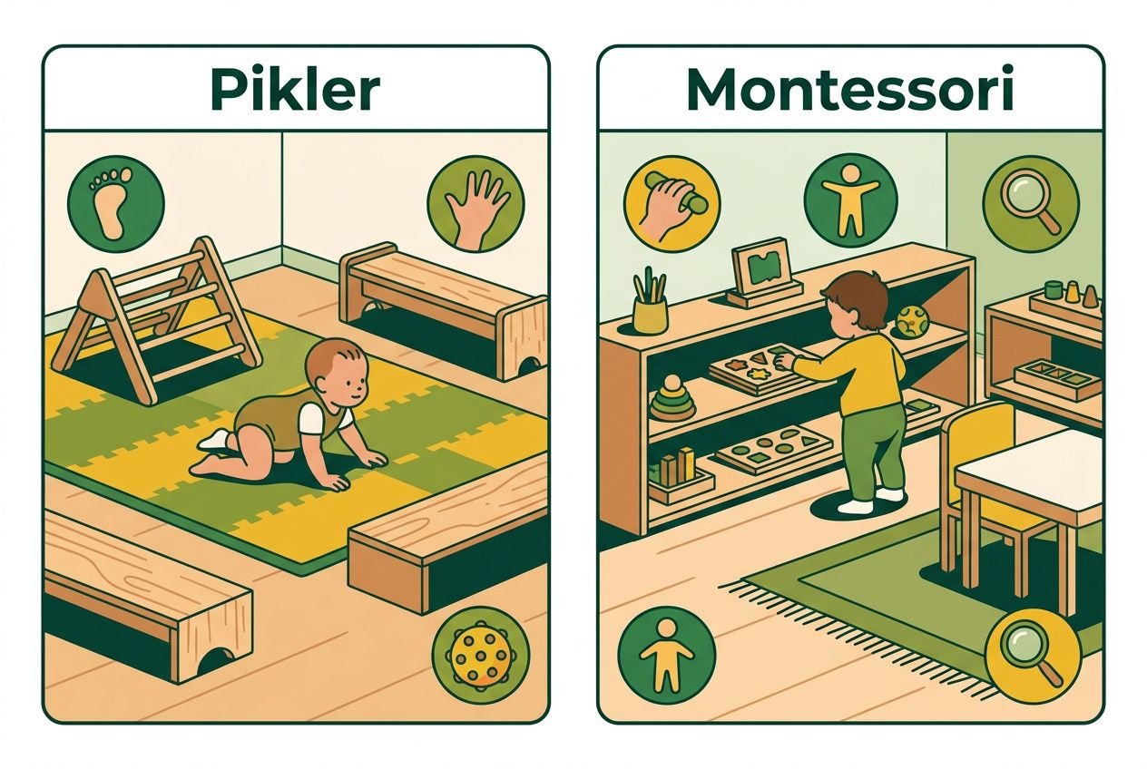 Aménagement espace motricité petite enfance: illustration de zones Pikler et Montessori en crèche avec aire de jeux, mobilier sécurisé et matériel adapté.