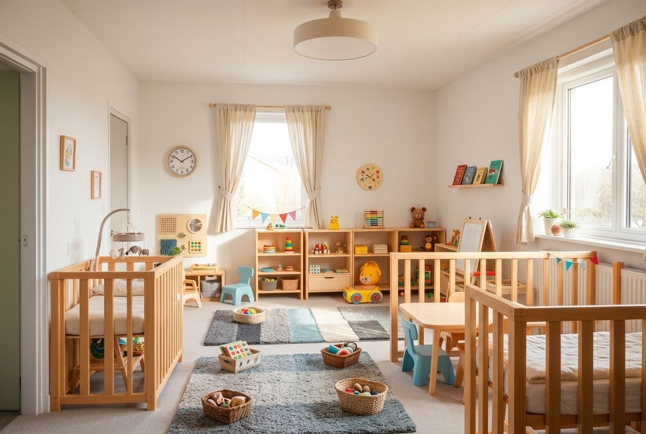 Aménagement de l'espace en crèche Cairn: pièce lumineuse avec lits, jeux et rangements adaptés pour jeunes enfants.