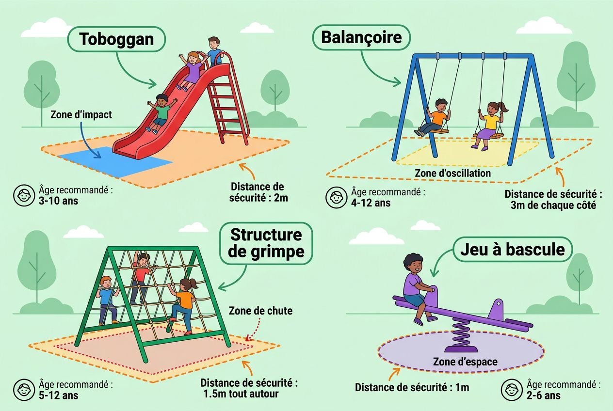 Aperçu des aires de jeux: toboggan rouge sur zone amortissante, balançoires bleues, structure de grimpe verte pour enfants, jeu à bascule violet; distances de sécurité indiquées et zones d’impact/oscillation. Normes aire de jeux enfants liées à sécurité et conformité.