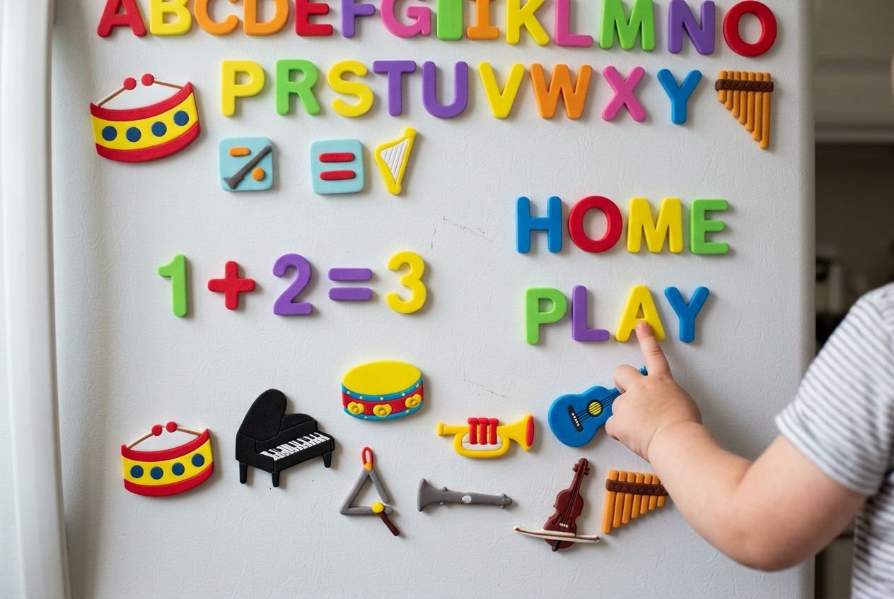 Apprentissage ludique: lettres magnétiques colorées, chiffres et petits instruments de musique sur un réfrigérateur, avec un enfant pointant du doigt. les 3 types de motricité évoqué implicitement par les activités: motricité globale, motricité fine et mouvement volontaire.
