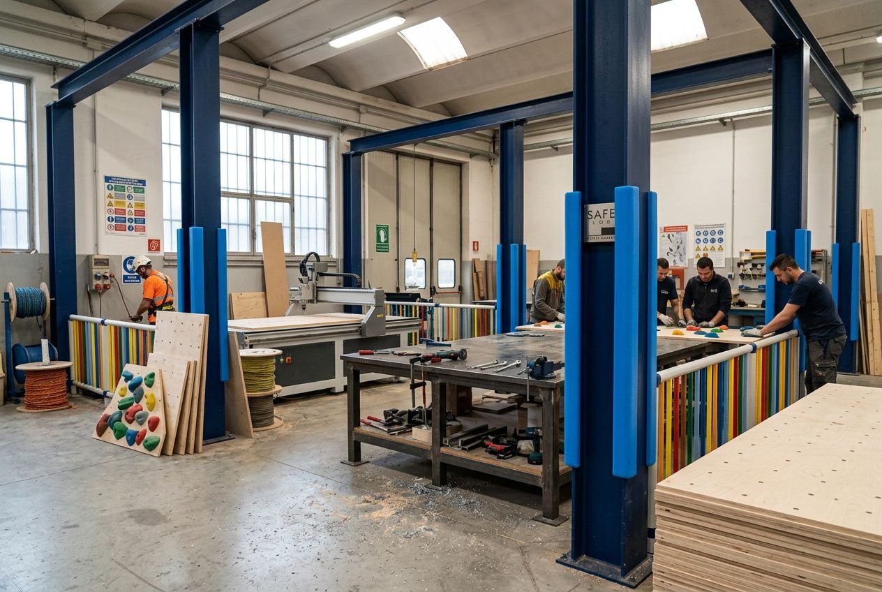 Atelier d’un fabricant mur escalade en construction, avec cadres bleus, panneaux, et ouvriers travaillant sur des murs d’escalade sur mesure.