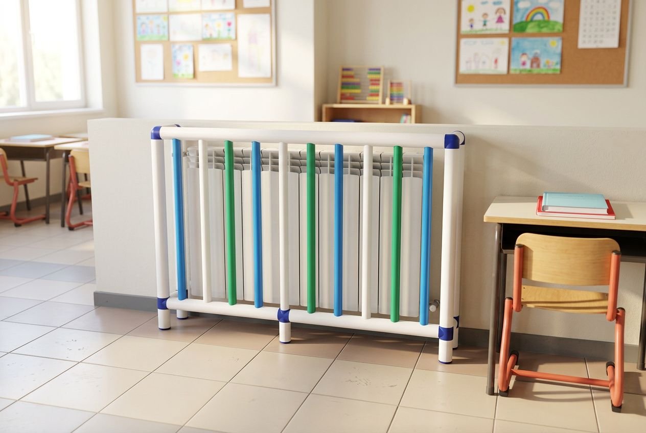 Barrière décorative autour d’un radiateur dans une salle de classe, avec rangées verticales colorées et bureau avec chaise à côté. habiller un mur avec radiateur.