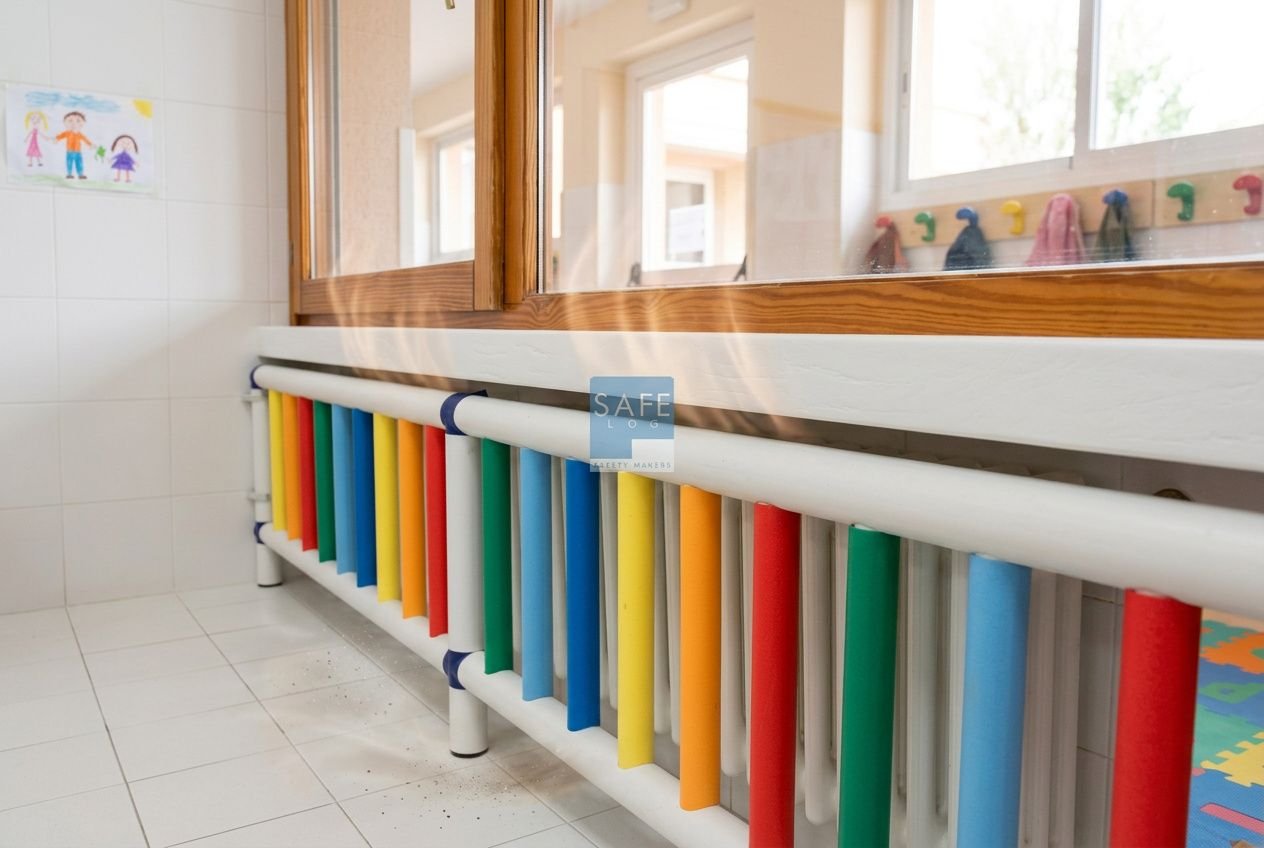 Barrière de radiateurs colorés dans une salle de classe, avec un cache-radiateur et ventillation naturelle près des fenêtres.