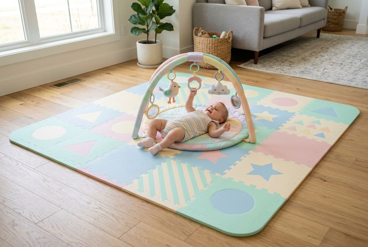 BeBe bébé sur tapis d’éveil coloré avec arches et hochets, stimulant motifs et motricité bébé 6 mois.