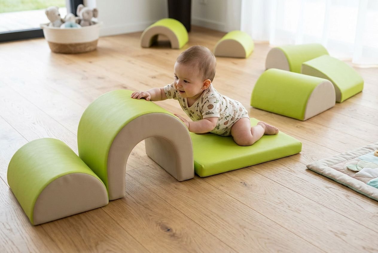 Bébé explorant un tapis motricité bébé développement, grimpe sur une arche curvée vert clair sur parquet, jeux d’éveil à domicile.