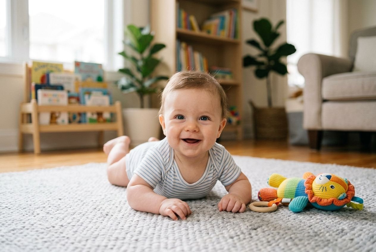Bébé souriant sur le ventre sur un tapis, jouant avec des peluches colorées dans un salon lumineux. Développement psychomoteur enfant étapes visible.