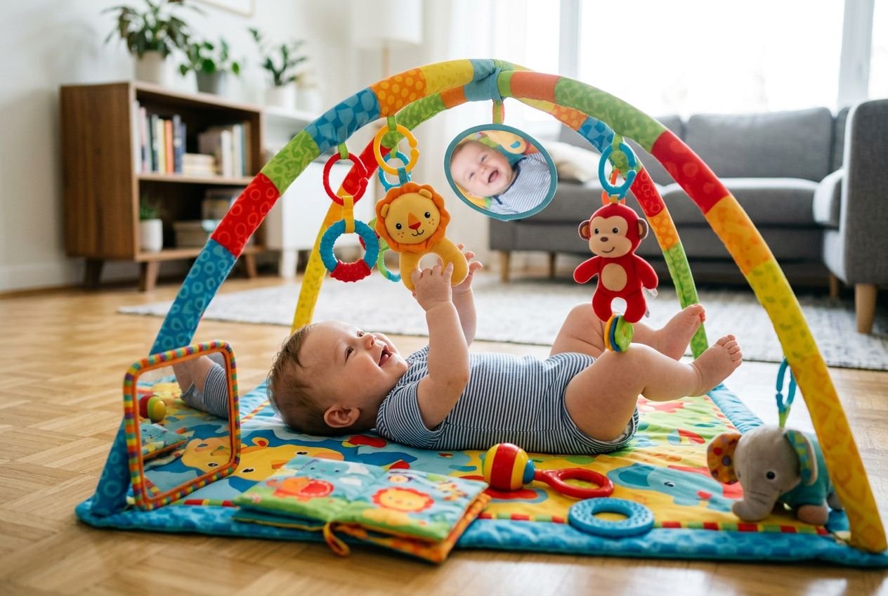 Bébé sur tapis d'éveil coloré