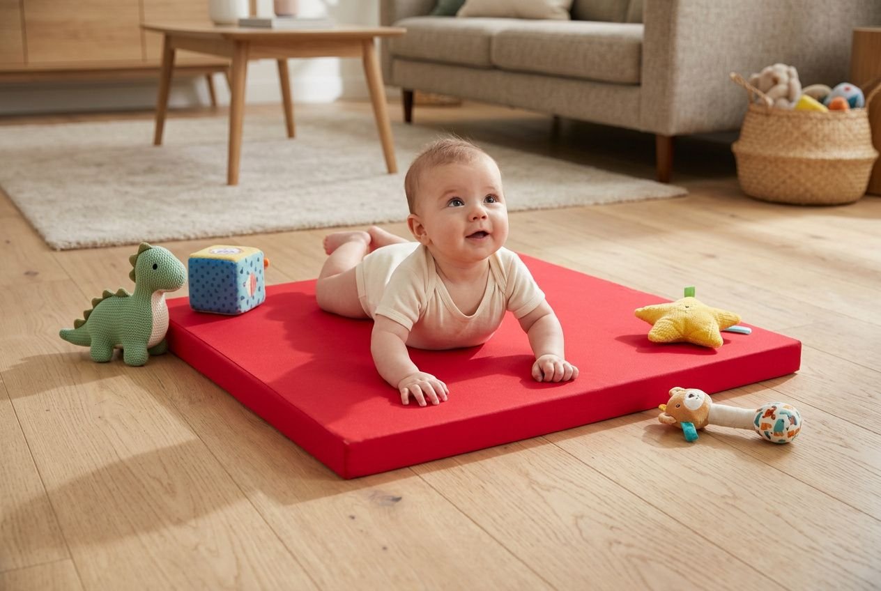 Bébé sur tapis rouge, en position ventre à terre, échangeant regard et sourire; jouets colorés autour, salon sûr et lumineux. motricité bébé 4 mois.
