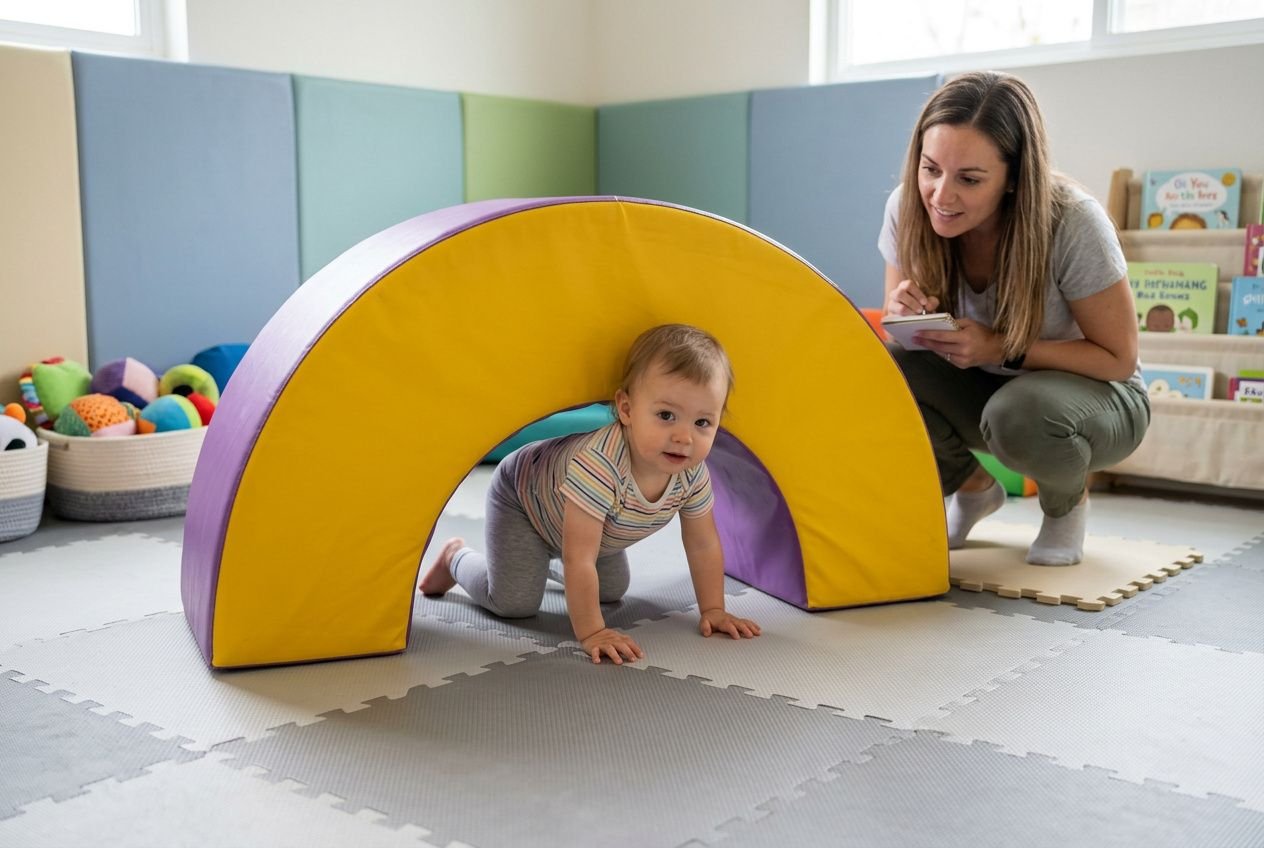 Bébé en train de ramper sous un tunnel coloré, sur un tapis de sol, avec une professionnelle qui l’observe et prend des notes. Intègre le mot-clé « quel âge pour un bilan psychomoteur ».