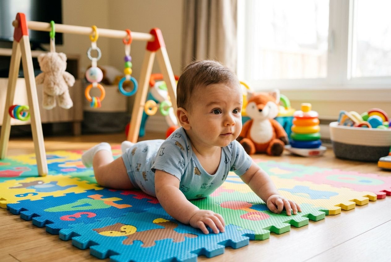 Bébé sur le ventre sur un tapis de jeux coloré, explorant des éléments autour et à proximité, avec des jouets et un bébé mobile en arrière-plan. motricité globale 0 2 a