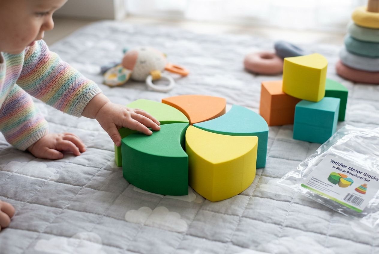 Bloc motricité bébé : enfant explore des pièces colorées et des parcours en bois sur un tapis beiges, avec un assortiment de blocs et modules.
