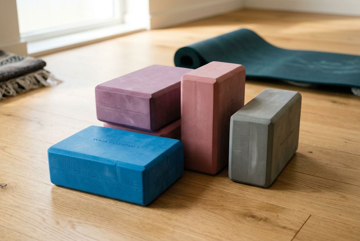 Bloc mousse sport coloré en EVA, posé sur un sol en bois près d’un tapis de yoga déployé