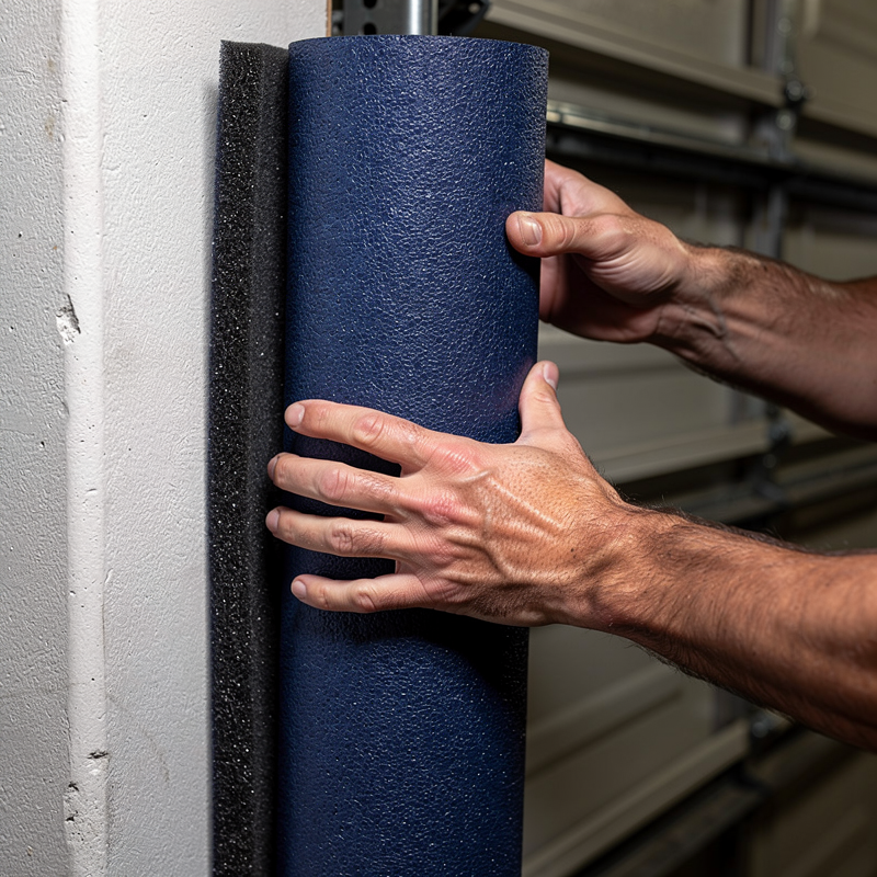 Installation d'une protection en mousse bleue sur un angle de mur de garage