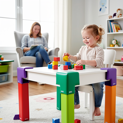 Protection d'angle en mousse colorée installée sur une table de jeu d'enfant dans une salle lumineuse