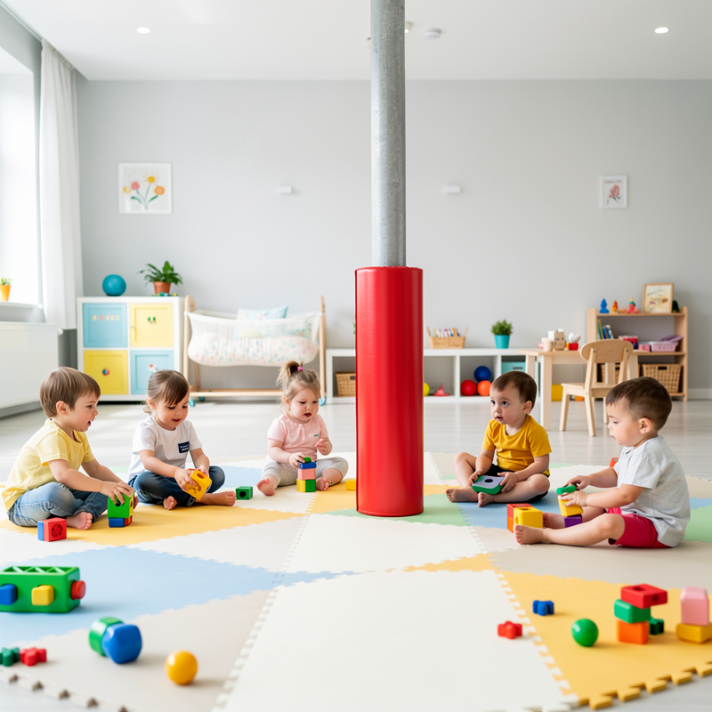 Protection de poteau en mousse rouge dans une salle de jeux sécurisée pour enfants
