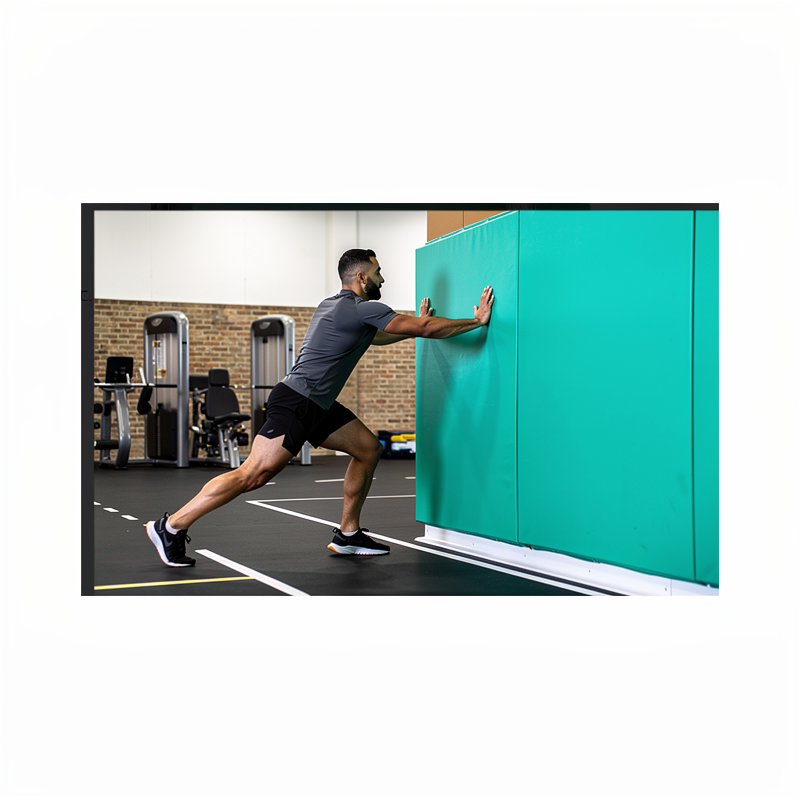 Protection murale en mousse turquoise certifiée installée dans une salle de sport moderne