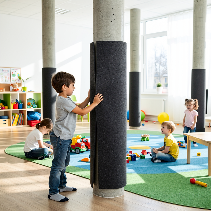 Rouleau de mousse de protection installé sur un poteau dans une crèche sécurisée.