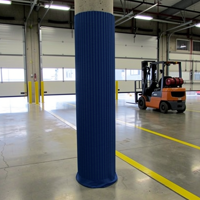 Protection de poteau cannelée bleue installée sur une colonne dans un entrepôt industriel.