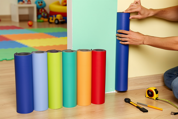 Protection murale en mousse colorée en cours d'installation dans une chambre d'enfant