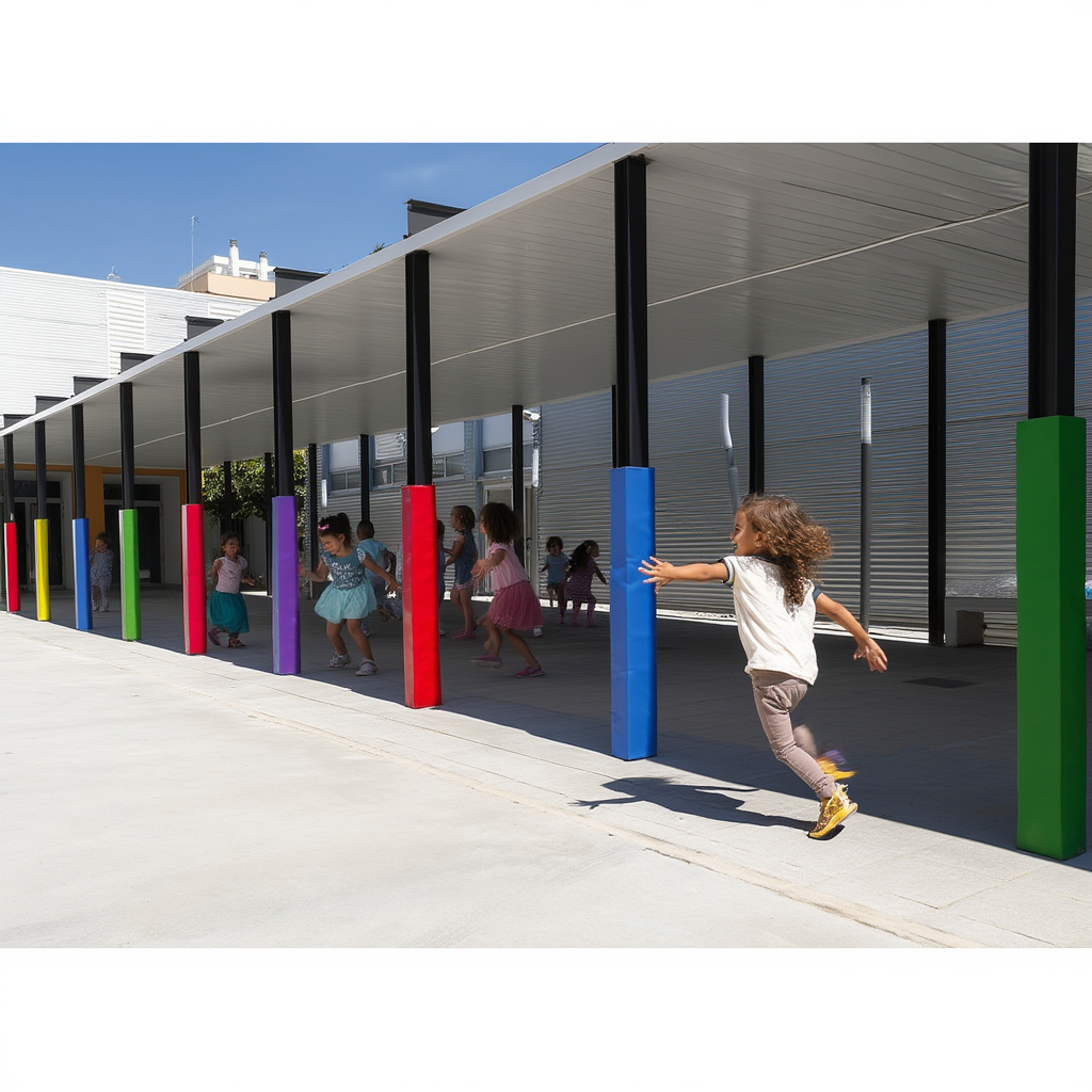 Protections de poteaux en mousse colorée dans une cour de crèche avec enfants qui jouent en sécurité